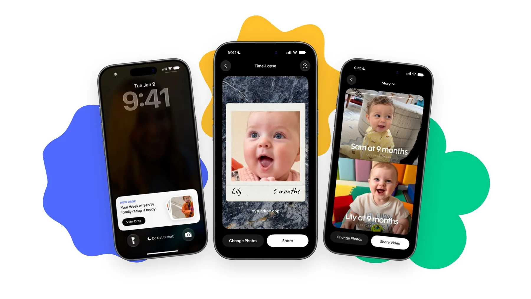 Three iPhones showing a Sundrop Live Activity on the Lock Screen, a time-lapse and a same-age drop