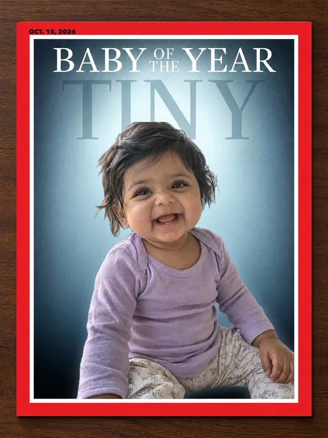 A smiling baby on a magazine cover headlined “Baby of the year”
