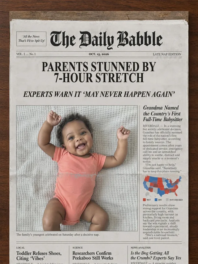 A baby on the front page of “The Daily Babble” under “Parents stunned by 7-hour stretch”