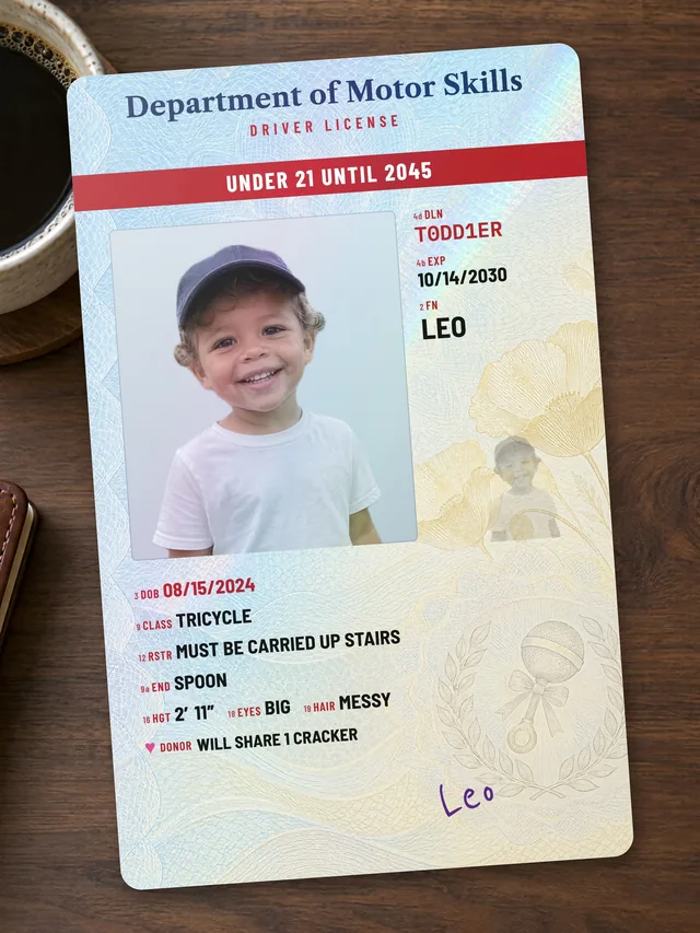A toddler’s photo on a “Department of Motor Skills” driver license