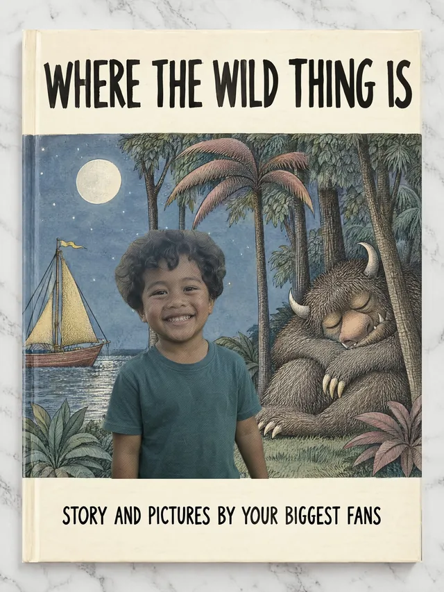 A boy on a storybook cover, “Where the Wild Thing Is”
